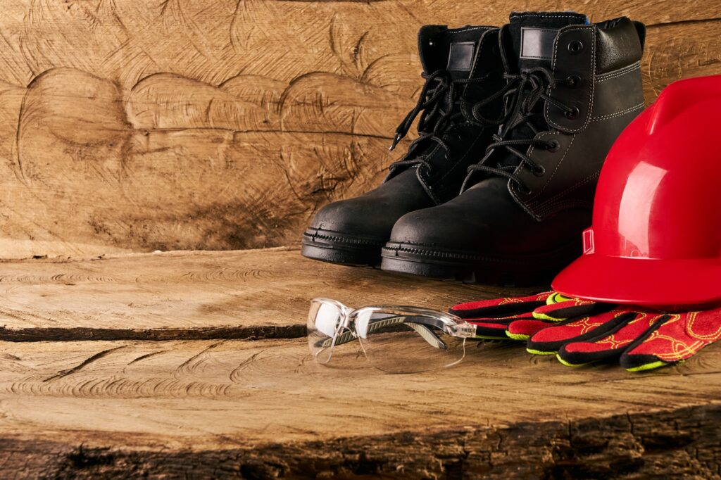 red hard hat, gloves, protective glasses and safety boots